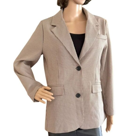 Lucky U Womens Houndstooth Blazer Brown Two Button Jacket Size Medium Cotton Ble - Picture 1 of 11